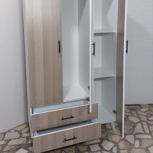 Üç Kapaklı Ahşap Görünümlü Çekmeceli Gardırop